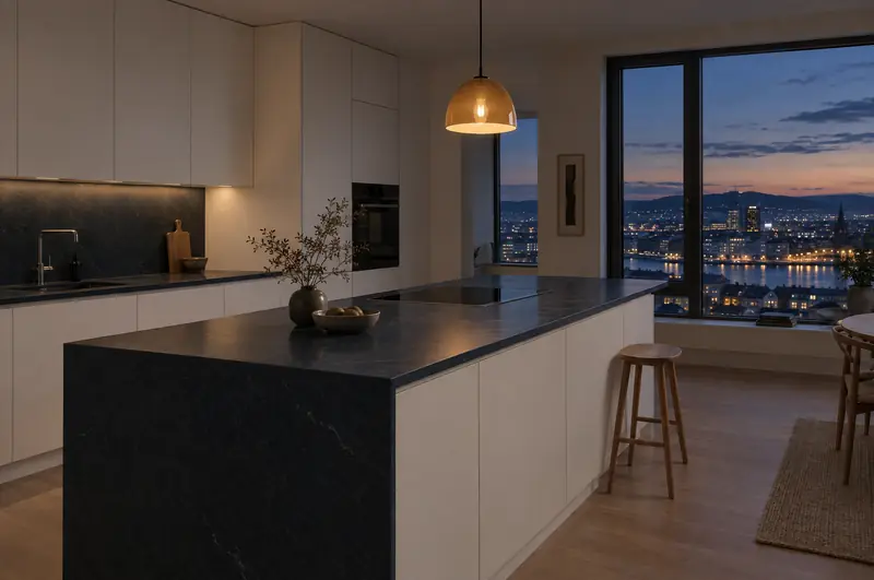 Moderne kjøkken med varmt lys fra en taklampe og byen i vinduet om kvelden